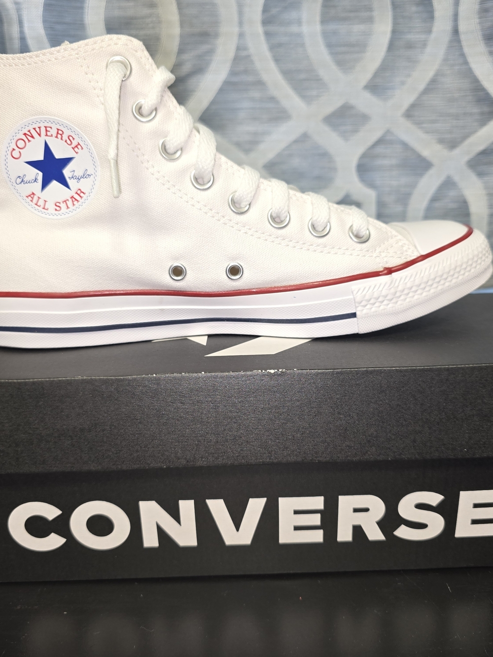 Converse White High Top Sneakers with Red & Blue Stripes